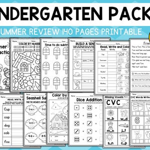 May include: A black and white printable packet of 140 pages for kindergarten summer review. The packet includes activities such as color by number, math practice, reading, writing, and building sentences. The packet is labeled "Kindergarten Packet Summer Review 140 Pages Printable No Prep 140 Pages".
