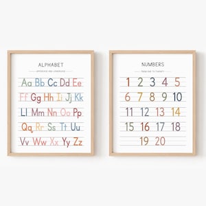 May include: Two framed educational prints. One displays the alphabet in uppercase and lowercase letters, each letter in a different color. The other print shows numbers from one to twenty, also in various colors, with lines for writing.