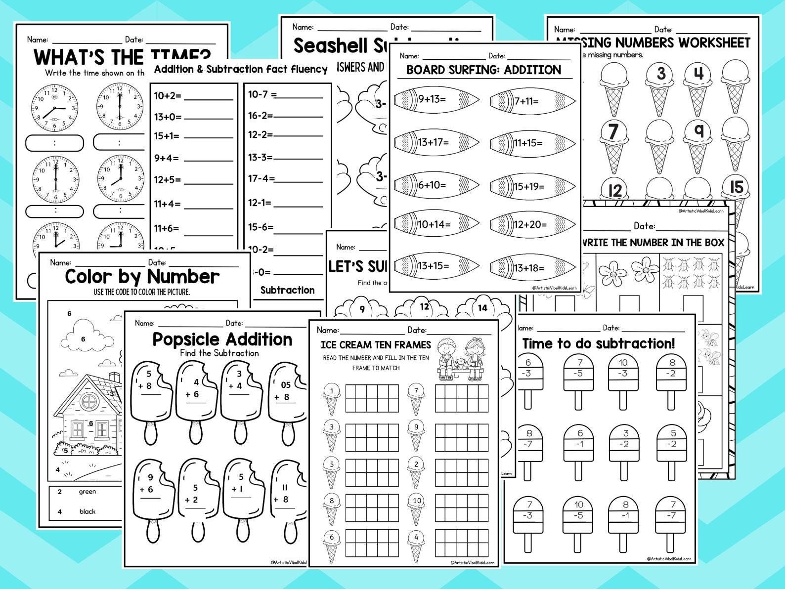 57 Math Worksheets kindergarten-1st Grade. No Prep addition and subtraction worksheets Worksheets in PDF files. Summer Learning math pack