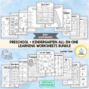 May include: A collection of printable preschool and kindergarten learning worksheets. The bundle includes over 600 worksheets with various activities, such as matching, tracing, and coloring. The worksheets are designed for educational purposes and are available for instant download.