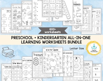 600+ Page Preschool Learning Worksheets Bundle for Kindergarten PRINTABLE Alphabet Numbers Math Colors Shapes Activity