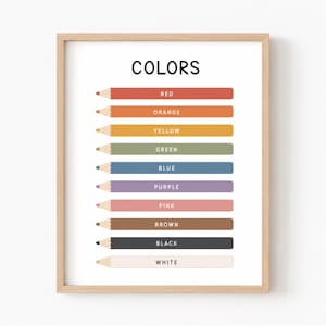 May include: A framed educational wall art print featuring the word COLORS at the top, followed by a vertical list of ten colored pencils. Each pencil is labeled with its corresponding color name: red, orange, yellow, green, blue, purple, pink, brown, black, and white.