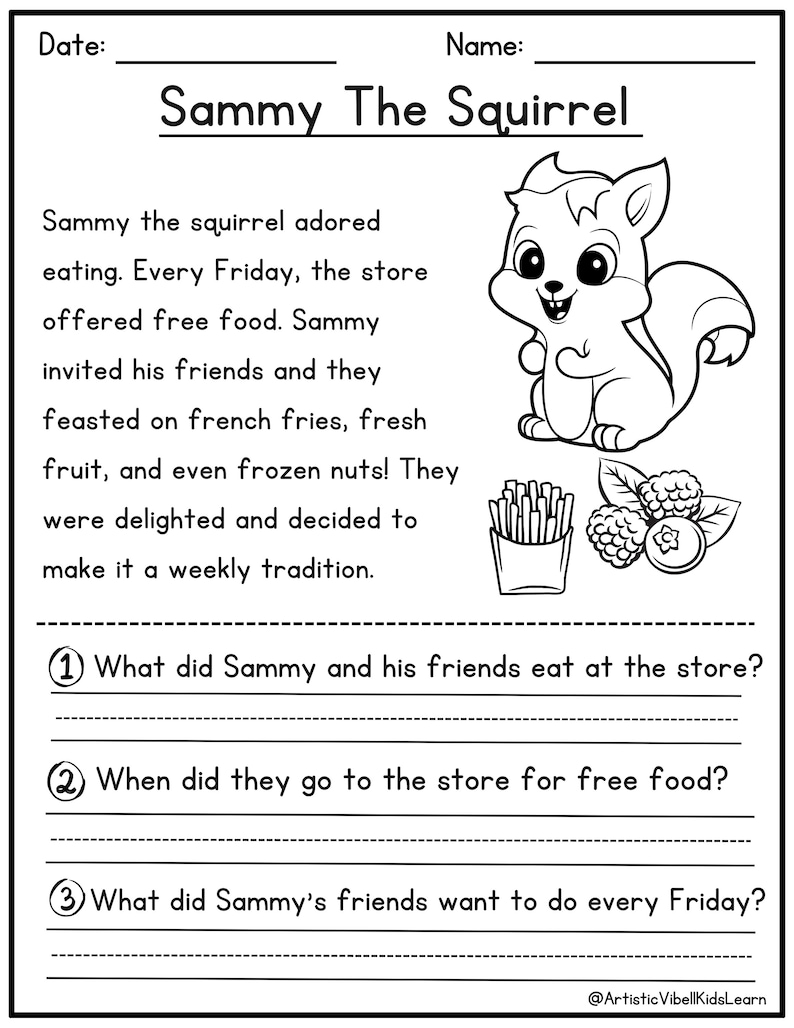 Reading Comprehension Printable Kindergarten First Grade Worksheets ...
