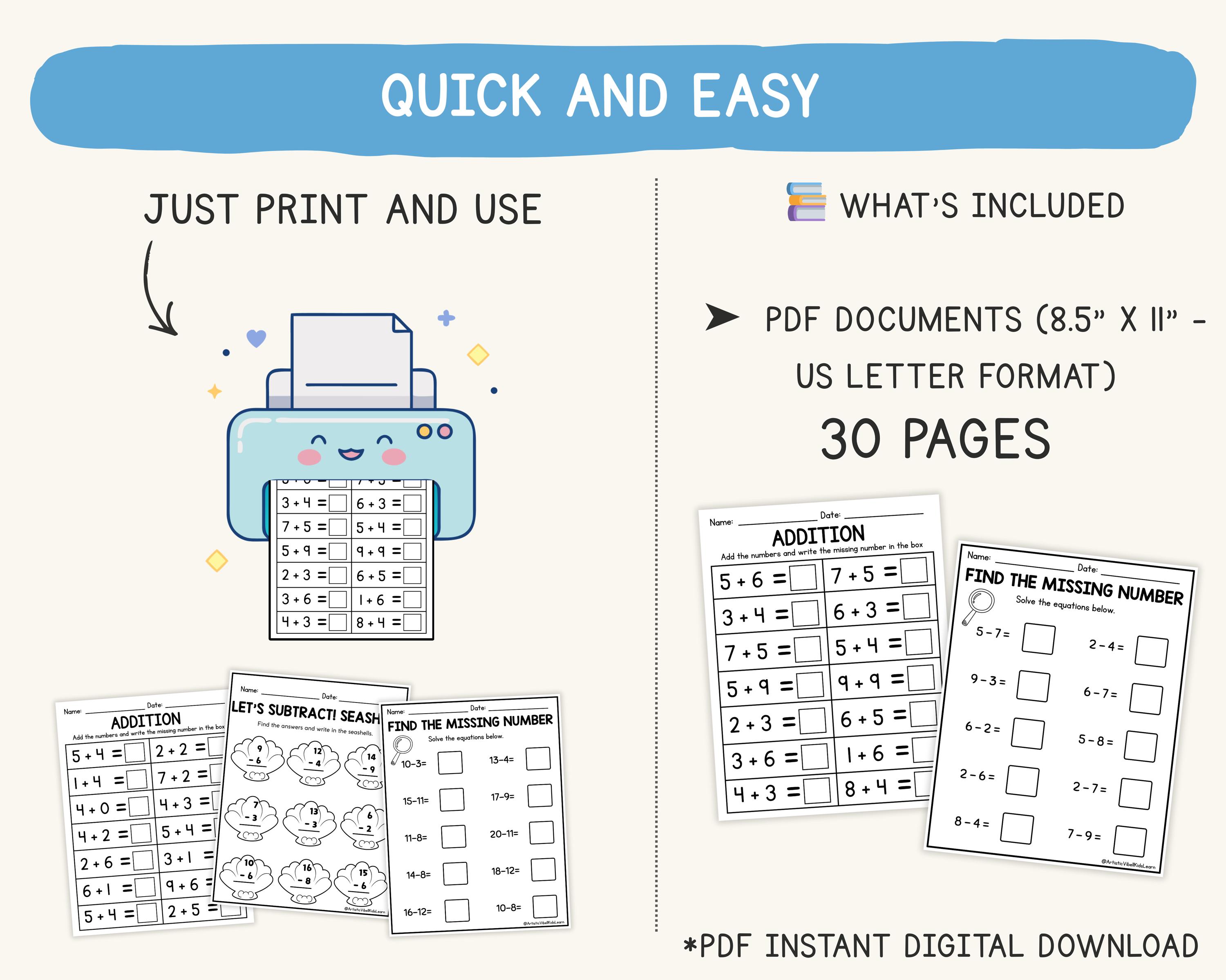 30 Printable Additition Fill in the Blanks Worksheets (numbers 1-20 ...