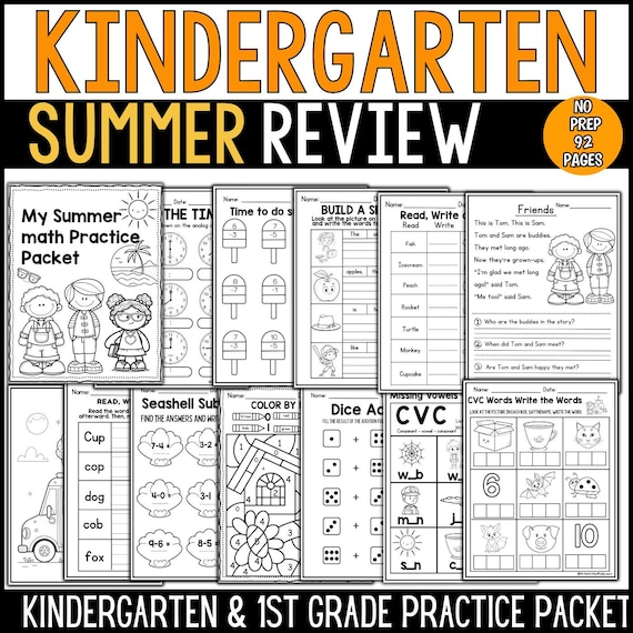 90 Kindergarten Summer Review Packet End of the Year Math and Reading Activities Worksheets First Grade Summer Packet Fun Activity Pages