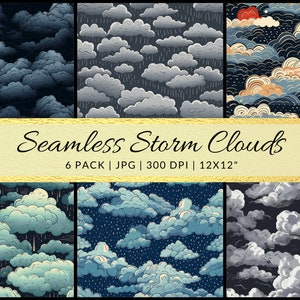 Puede incluir: Seis patrones sin costuras con nubes de tormenta azul oscuro y grises con lluvia y estrellas. Los patrones son de 30,5 cm por 30,5 cm y 300 DPI.