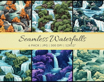 Seamless Waterfall & Forest Digital Paper Patterns - 12x12 Inch 300 DPI JPG Images for Wallpaper, Textile Printing, Apparel, Print on Demand