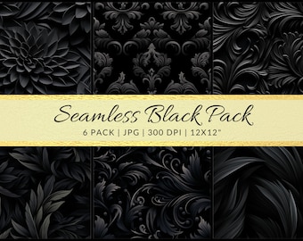 Dark Monochromatic Abstract Art Set: Seamless Florals, Damask, & Swirl Patterns | Black Hi-Res Digital Prints for Craft, Resale, Wall Decor