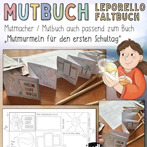 Könnte beinhalten: Ein farbenfrohes Lern-Bastelset mit dem Text "MUTBUCH LEPORELLO FALTBUCH" und "MEIN MUT BUCH". Das Set enthält ein Heft, Holzstäbchen und bunte Murmeln. Das Bild zeigt auch eine Cartoon-Illustration eines Mädchens.