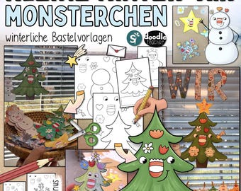 May include: A collection of winter-themed craft templates and finished projects. The image features a variety of Christmas tree and snowman designs, along with the text "KLEINE WINTER-WIR MONSTERCHEN" and "winterliche Bastelvorlagen". Includes a star, snowflake, and other festive elements.
