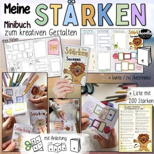 Puede incluir: Un collage de imágenes que muestran un libro de actividades creativas titulado "Meine Stärken" (Mis Fortalezas). El libro presenta una ilustración de un león e incluye notas de bocetos, una lista de 200 fortalezas e instrucciones. La paleta de colores incluye amarillo, azul y rojo.