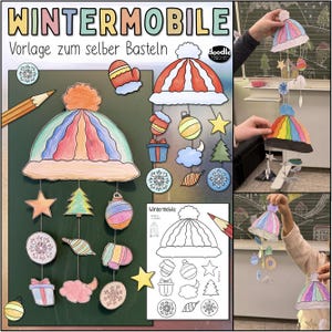 Può includere: Un kit per creare un mobile a tema invernale con la scritta "WINTERMOBILE" e "Vorlage zum selber Basteln". Il kit include un cappello, guanti, ornamenti, stelle, fiocchi di neve e una matita. Il mobile è sospeso da fili.