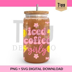 Girly Iced Coffee 16oz Cup Wrap, Smiley Face, Flowers (Digital Download)