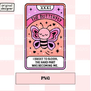 Carta del Tarot de la Mariposa PNG, Linda descarga digital de salud mental, Arte con cita de sanación emocional, Imprimible pastel de amor propio, Mariposa kawaii