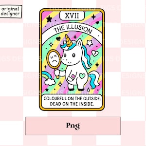 Ilusión de salud mental PNG – Linda carta de tarot de unicornio imprimible – Autocuidado digital kawaii – Clipart emocional divertido para diarios y manualidades