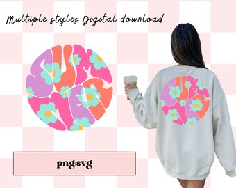 May include: A digital download of a graphic design featuring the word "Summer" in a retro, psychedelic style with flowers. The design is in pink, orange, purple, and blue colors.