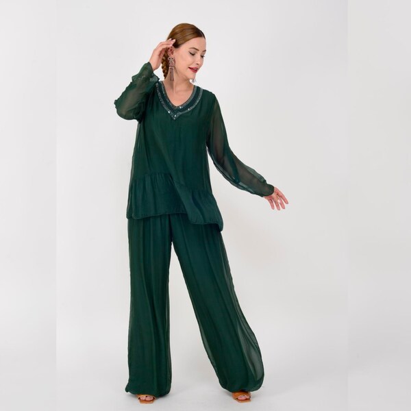 Ensemble 2 pièces en soie à col en V et manches longues avec chemisier à sequins et pantalon large | Ensemble 2 pièces de luxe en soie à manches longues pour femme | Robes