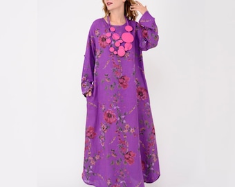 FLOWER PATTERN DRESS, Long Linen Dress, Floral Print Outfit, Organic Linen Dress, Versatile Long Sleeve Handmade Linen Floral Print Dress