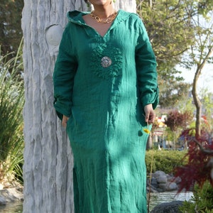 Women&#39;s Bohemian Linen Dress With Hood and Pocket Detail. Women Cotton Dress . Woman Casual Clothing. Boho Dress. 100 % Linen Long Dress