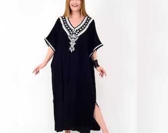 EMBROIDERED V NECK DRESS, Women's Kaftan Dress, Dress with Pockets, Loose Casual Clothing, Summer Dress for Woman, Bohemian Clothing, Gift