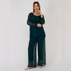 Women&#39;s 100% Silk Wide Leg Pant Set - Bohemian Style