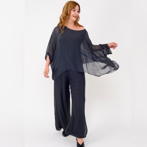 Silk Two-Piece Suit: Chic Blouse & Wide Leg Pant - Boho Cocktail