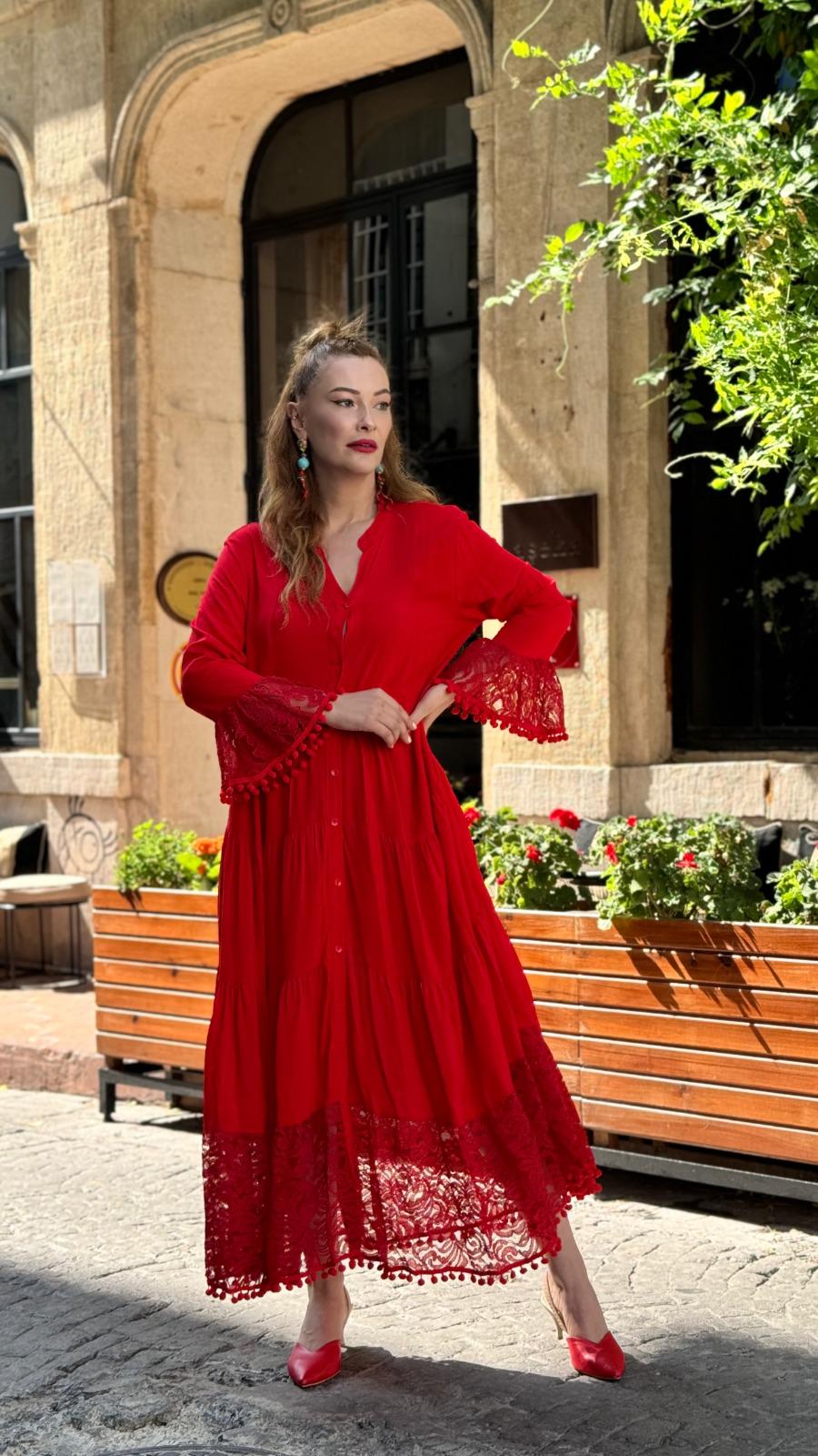 Long Sleeve Buttoned V-Neck Lace Detailed Elegant Dress | Autumn Bohemian Soft Cotton Maxi Dress | Elegant Long Cotton Plus Size Dress