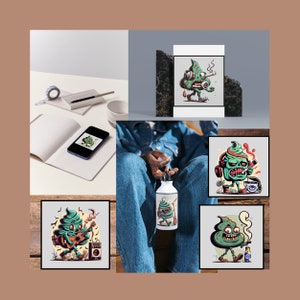 Könnte beinhalten: Eine Collage aus vier Bildern mit einer grünen Cartoon-Figur in Form eines Kackhaufens. Die Figur ist in verschiedenen Aktivitäten dargestellt, darunter Gitarre spielen, Rauchen und Musik hören. Die Bilder werden auf einer Holzoberfläche, einer weißen Oberfläche und einer schwarzen Oberfläche angezeigt.