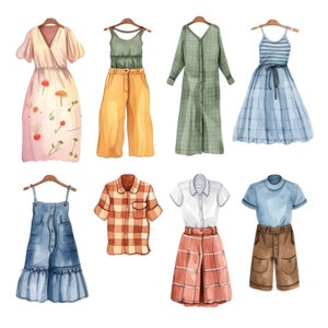 Op de afbeelding: Een set van tien aquarel illustraties van verschillende kledingstukken, waaronder jurken, shirts, broeken en rokken. De illustraties zijn in verschillende kleuren en patronen, waaronder bloemen, ruitjes en strepen.