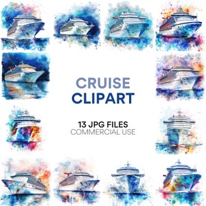 Cruise Clipart Bundle: Cruise Ship, Summer Vacation, Beach, Watercolor Travel Digital Download in JPG, Nautical Clipart