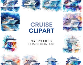 Cruise Clipart Bundle: Cruise Ship, Summer Vacation, Beach, Watercolor Travel Digital Download in JPG, Nautical Clipart