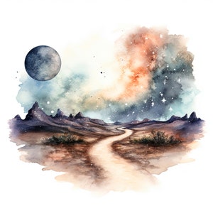 Op de afbeelding: Een aquarel schilderij van een woestijnlandschap met een kronkelende weg die de horizon in loopt. De lucht is gevuld met een draaiende nevel van oranje, roze en blauw, met een grote, grijze maan in de linkerbovenhoek.