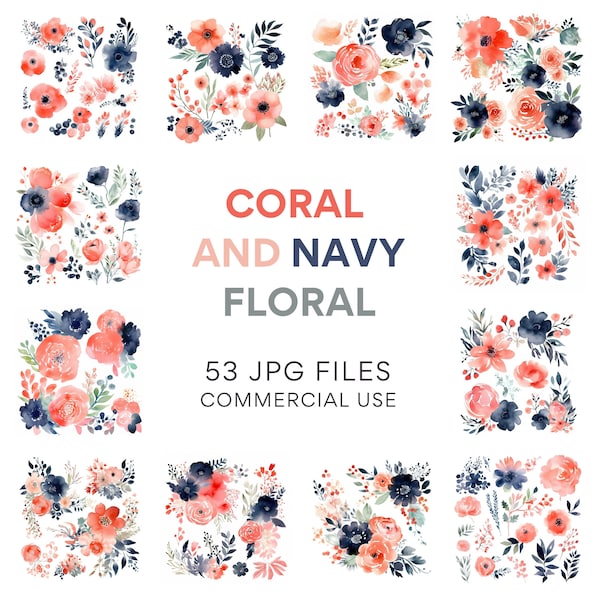 Coral and Navy Floral Clipart - Rustic Vintage Flowers for Wedding, Rose & Coral Flower Bouquets, Digital JPG