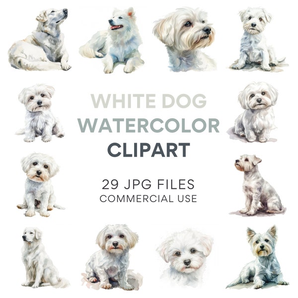 Lot de cliparts chien blanc : téléchargement numérique pour anniversaire, utilisation commerciale sur toile et surfaces, peinture aquarelle chien JPG, album de scrapbooking