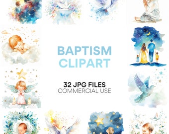 May include: A set of 32 watercolor illustrations for baptism. The illustrations feature doves, angels, stars, babies, and families. The illustrations are perfect for creating invitations, cards, and other crafts.