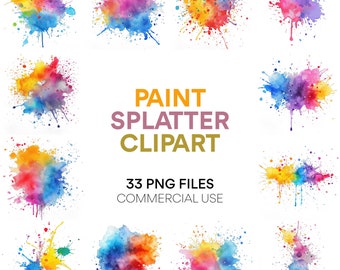 Paint Splatter Clipart, Watercolor Splash, Digital Scrapbook Paper, Paintball Invitation, Neon Watercolor PNG for Commercial Use