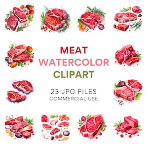 Vlees clipart collectie: aquarel voedsel illustratie, rundvlees, varkensvlees & steak clipart, rauw vlees graphics, lamskunst voor kookboek, vleeswaren JPG