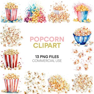 Popcorn Clipart Bundle: Cinema and Movie Clipart, Digital Download, Commercial Use - Watercolor Food, Movie Night, Popcorn Machine, PNG