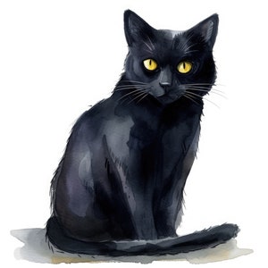Pode incluir: Um gato preto com olhos amarelos sentado com o rabo enrolado em volta do corpo. O gato est&aacute; pintado em estilo aquarela.