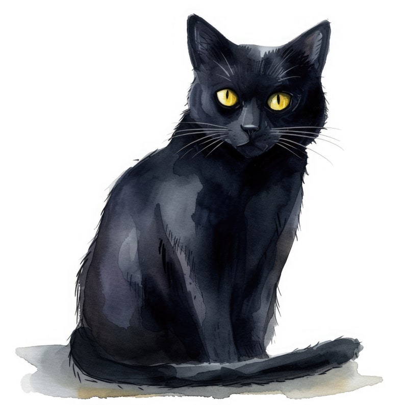 Pode incluir: Um gato preto com olhos amarelos sentado com o rabo enrolado em volta do corpo. O gato est&aacute; pintado em estilo aquarela.