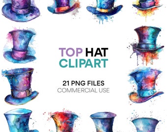 Bundle de cliparts haut de forme - usage commercial PNG aquarelle Clipart, scrapbooking & planificateur autocollants, graphiques imprimables pour le scrapbooking