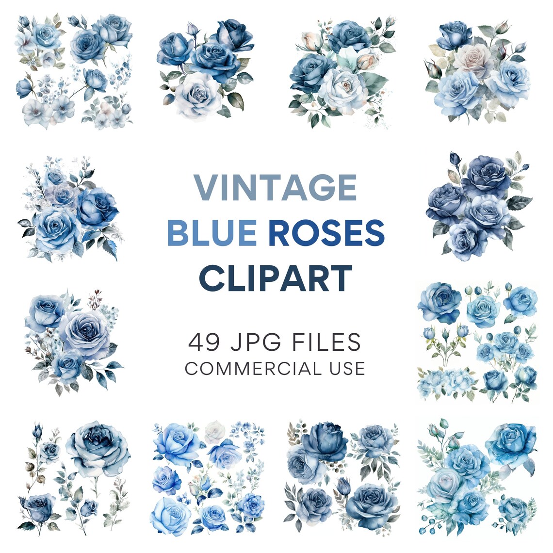 Vintage Blue Roses Clipart 49 High-quality Jpgs Watercolor, Digital ...