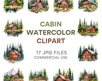 Cabine clipart bundel-aquarel cabine, blokhut clipart, digitale download, commercieel gebruik, Instant Download, Cottagecore clipart