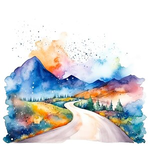 Op de afbeelding: Waterverf schilderij van een kronkelende weg die door een berglandschap leidt. De bergen zijn geschilderd in tinten blauw en paars, met een levendige oranje en roze lucht erboven. De weg wordt omringd door groene bomen en struiken, en de sc&egrave;ne is bezaaid met witte sterren.