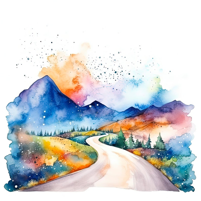Op de afbeelding: Waterverf schilderij van een kronkelende weg die door een berglandschap leidt. De bergen zijn geschilderd in tinten blauw en paars, met een levendige oranje en roze lucht erboven. De weg wordt omringd door groene bomen en struiken, en de sc&egrave;ne is bezaaid met witte sterren.