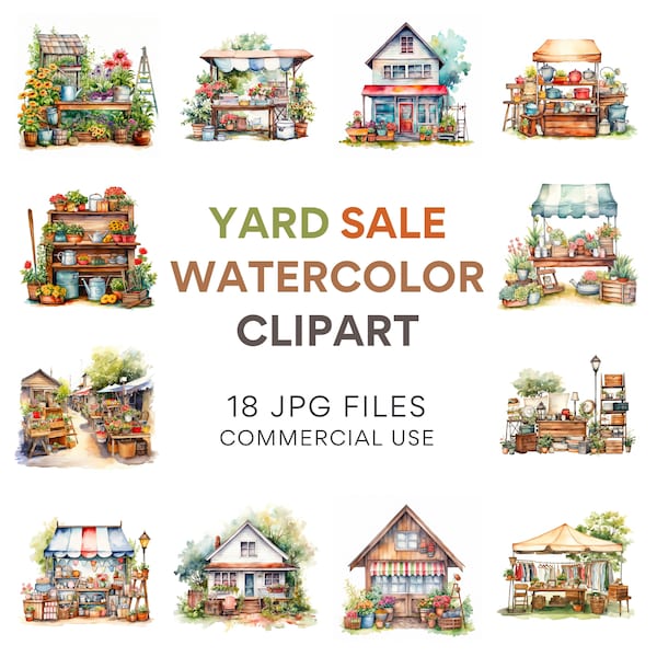 Yard Sale Clip Art | 18 High-Quality JPGs - Watercolor, Digital Planners, Junk Journals, Wall Art, Commercial Use, Digital Download