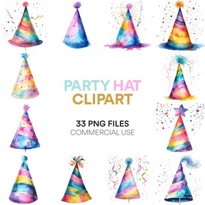 Party Hat Clipart: Birthday Clipart, Digital Download, Watercolor Party Hats for Birthday Party Decor, Commercial Use PNG
