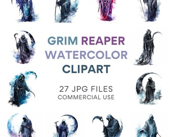 Grim Reaper Clip Art: Halloween Clipart, Watercolor Death Design, Sublimation Files, JPG. Grim Reaper Scythe Art