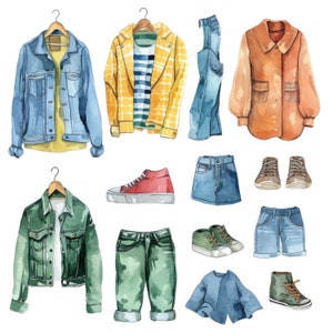 Op de afbeelding: Een aquarel-illustratie van een verscheidenheid aan kledingstukken, waaronder jassen, shirts, broeken, rokken en schoenen. De items zijn in verschillende kleuren, waaronder blauw, groen, geel en bruin.