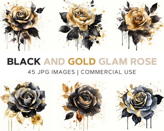 Black and Gold Glam Rose Clipart: Gothic Glitter JPG, Gold Glitter Roses, Vintage Flower, Halloween Flowers, Glam Roses for Commercial Use